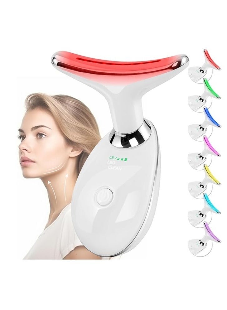 جهاز تدليك كهربائي للوجه والرقبة، مساج كهربائي للوجه والرقبة، مساج محمول عالي التردد لشد الوجه بالتدليك الحراري عالي التردد، علاج بالضوء الأحمر للوجه والرقبة، جهاز تدليك الوجه EMS للوجه مع 7 ألوان أبيض - Image 1